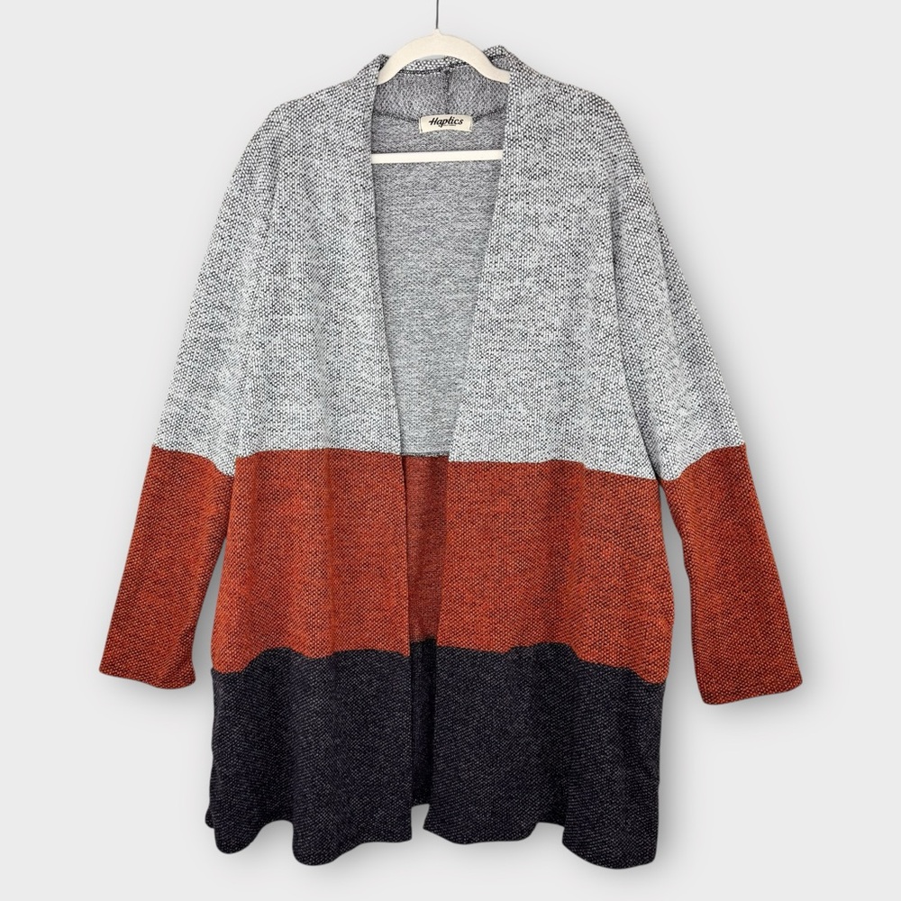 Haptics Long Open Front Cardigan 1X Light Gray Burnt Orange Charcoal Colorblock